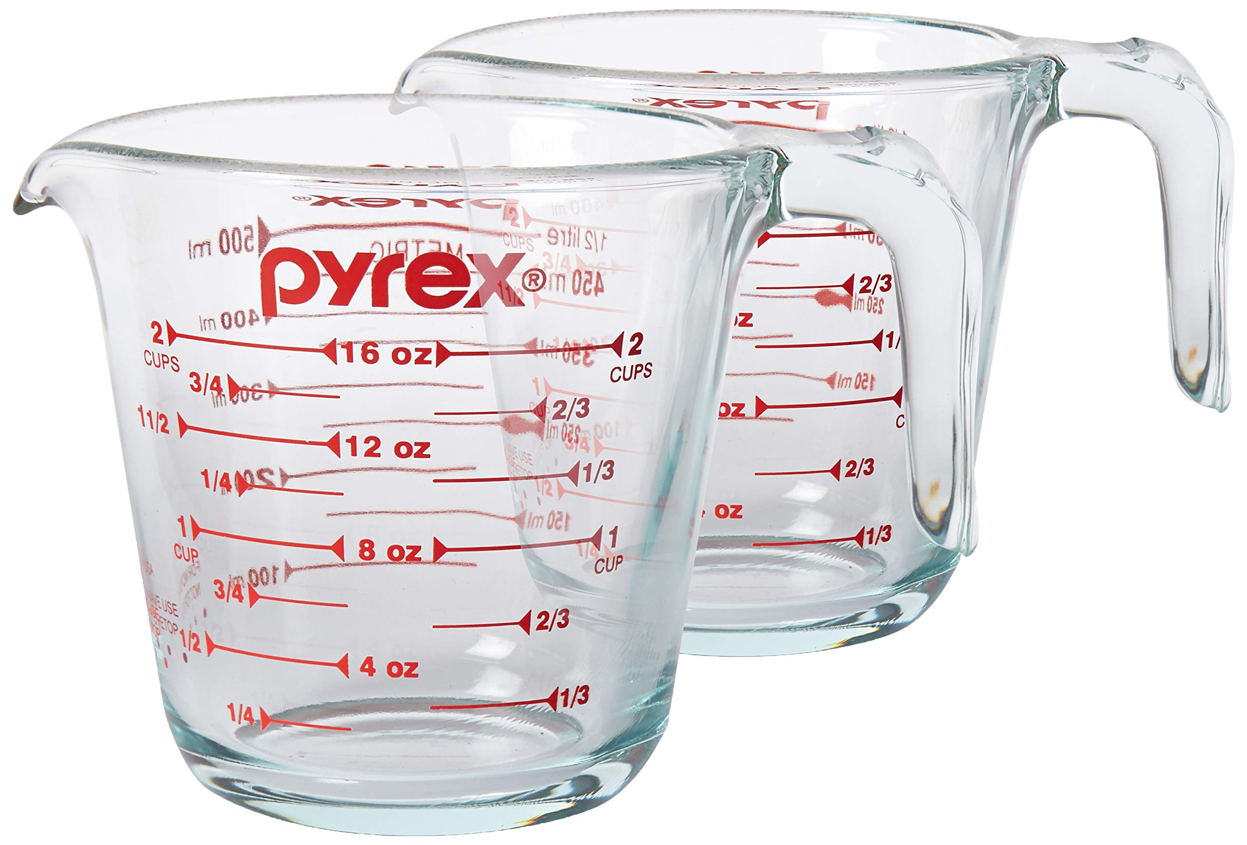 Pyrex Prepware front view showing clear glass and red markings for precise measuring