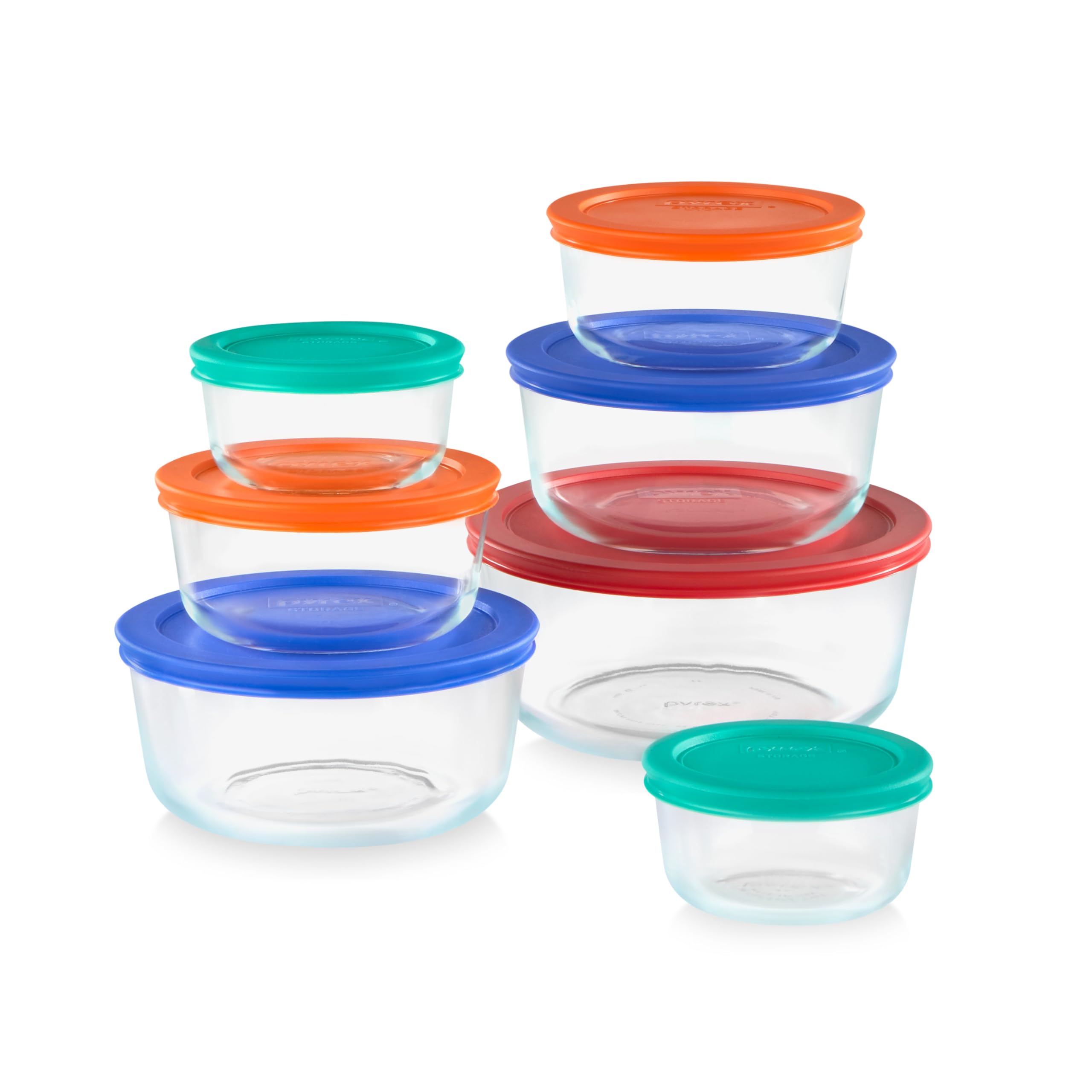 Pyrex front packaging showing entire 7-pack set and organized storage benefit
