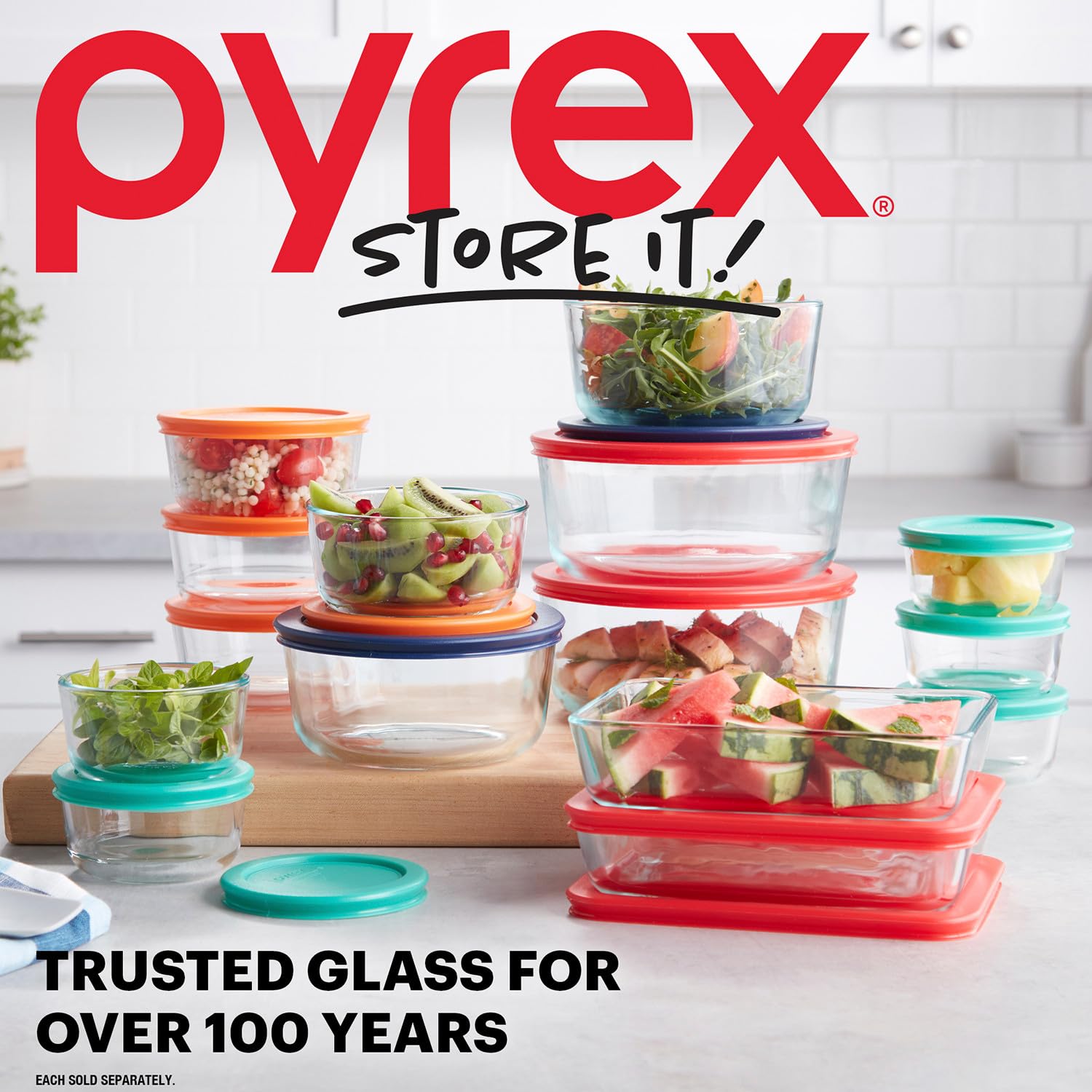 Pyrex containers stacked in fridge showing space-saving organization benefit
