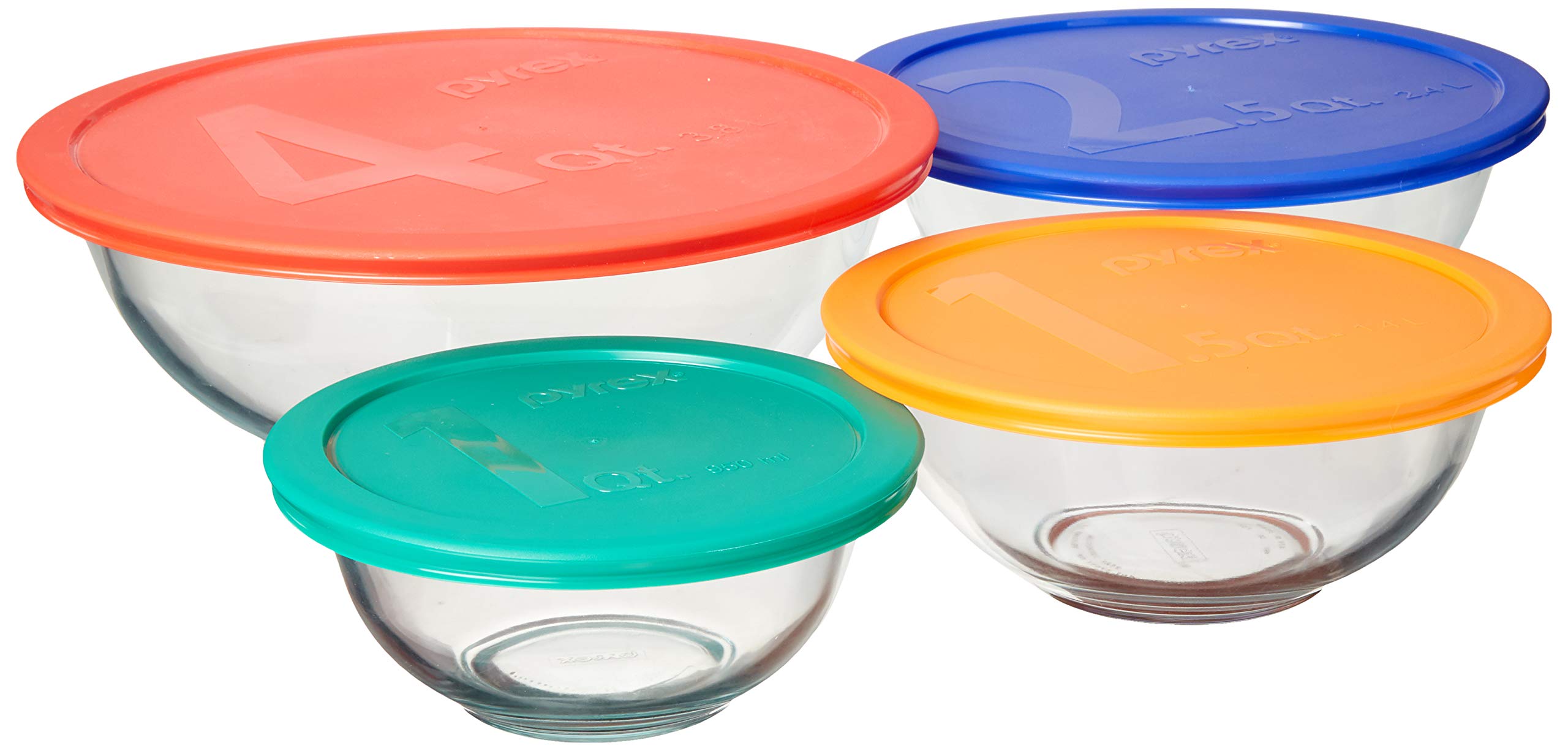 Pyrex front view of the 8-piece glass bowls set with lids for versatile storage