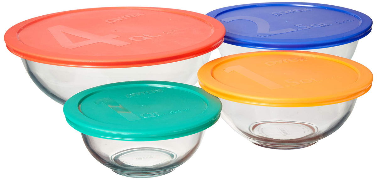 Pyrex front view of the 8-piece glass bowls set with lids for versatile storage