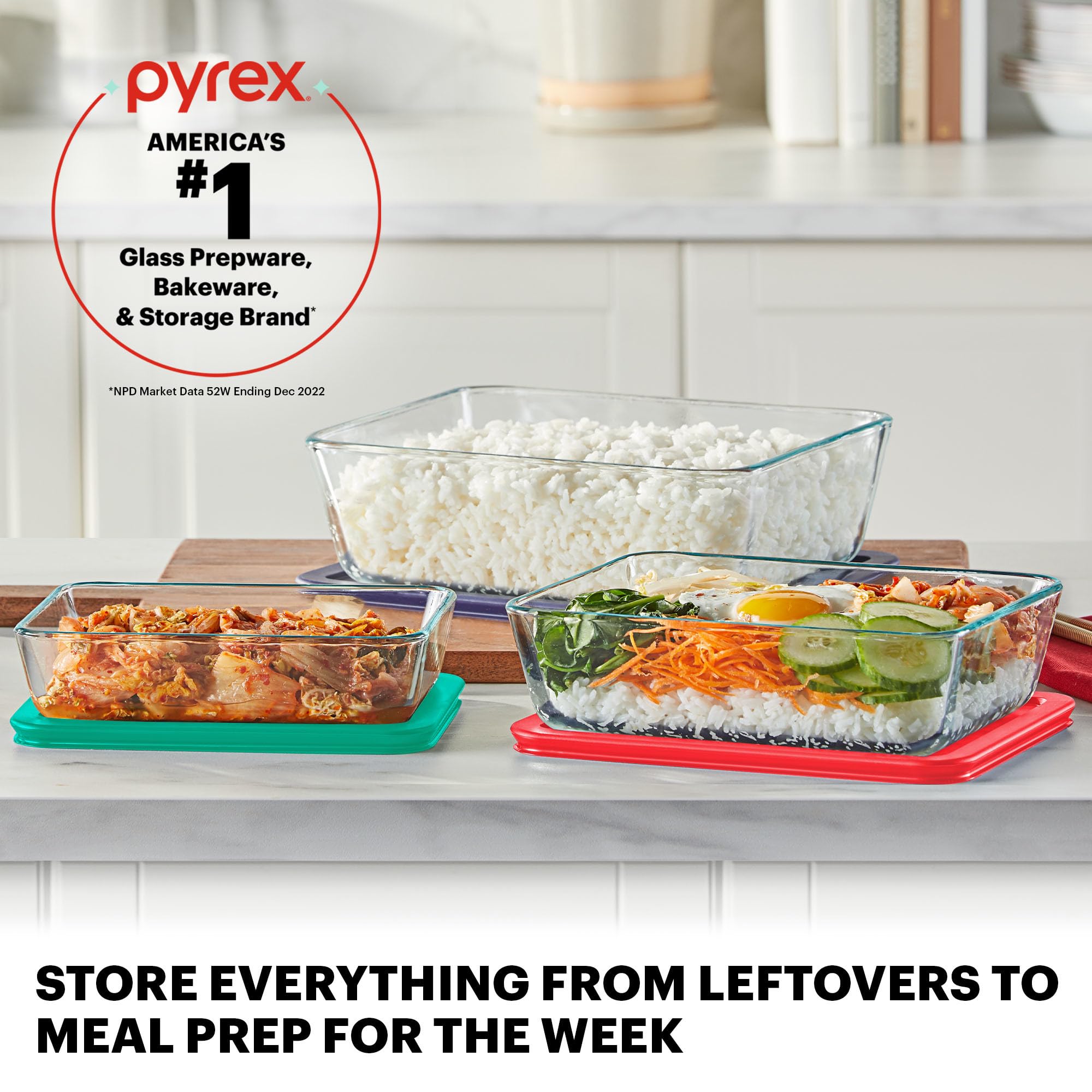 Pyrex containers stacked in fridge showing organized space-saving benefit