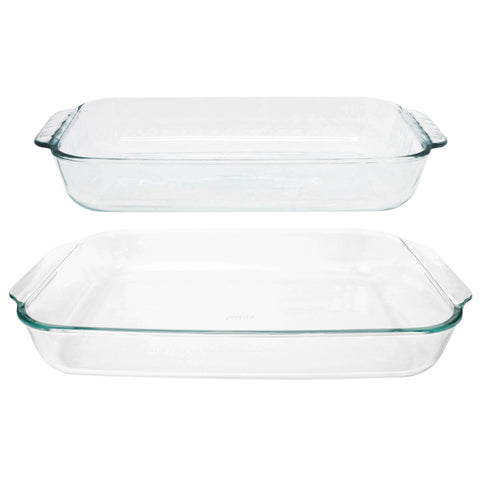 Pyrex dishes with compatible lids (sold separately) for airtight fridge storage