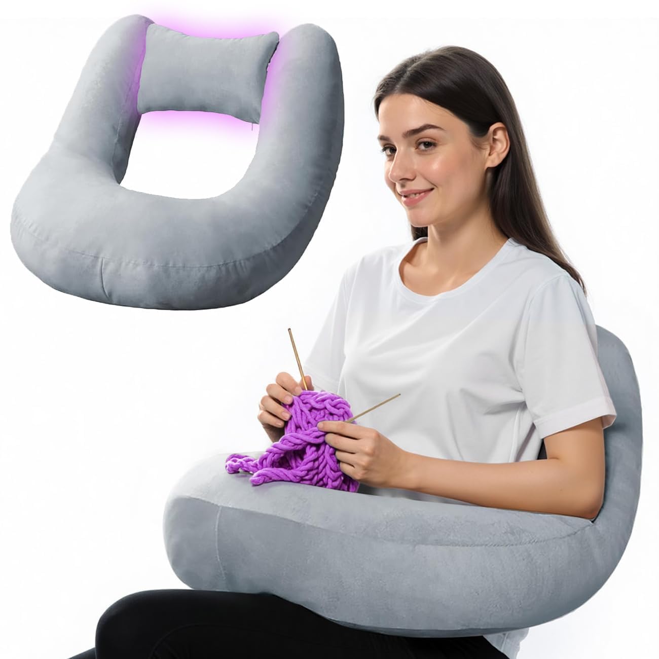 PYURIFAI front view grey crochet pillow showing full surface and size benefit
