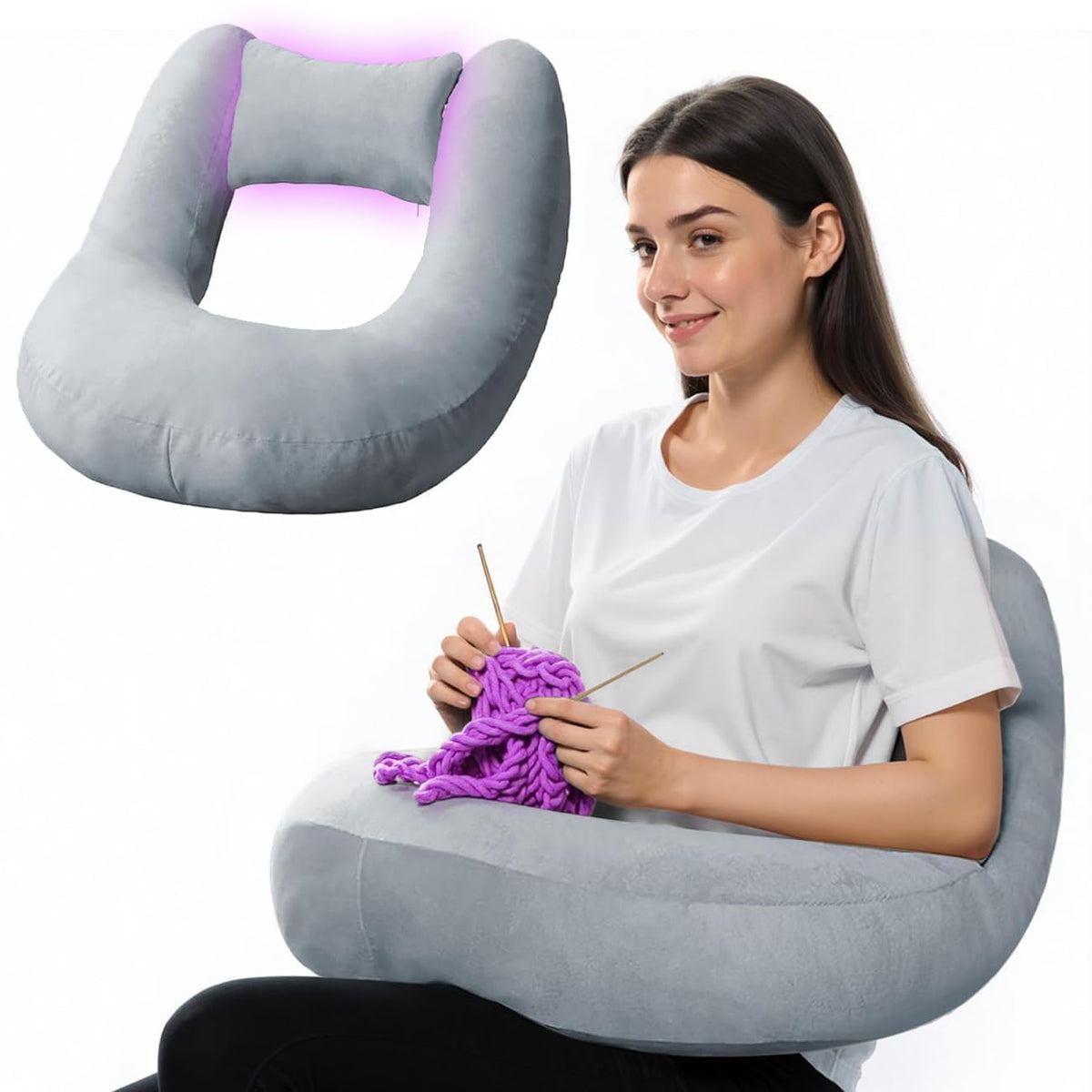 PYURIFAI front view grey crochet pillow showing full surface and size benefit
