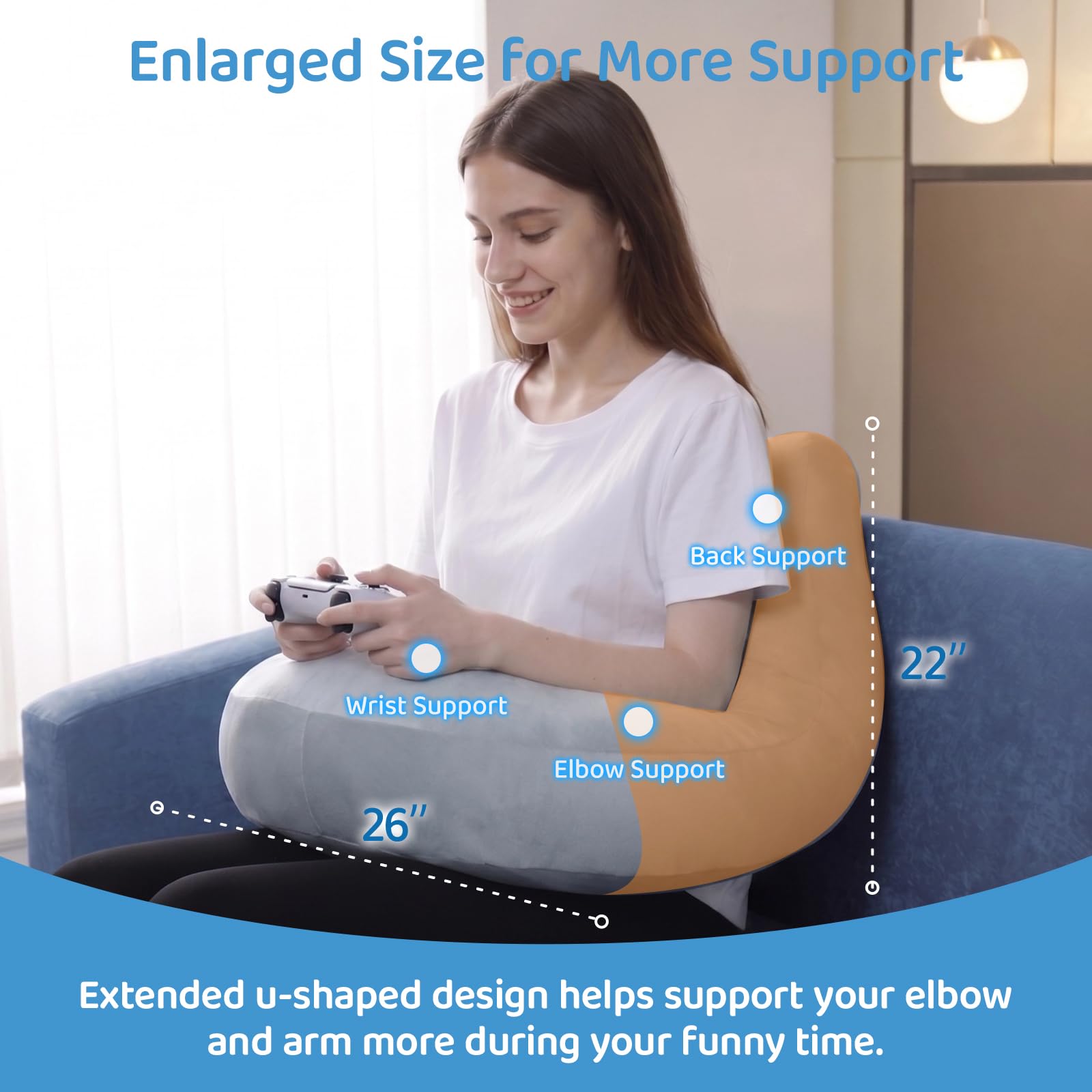 PYURIFAI u-shaped arm rest detail showing elbow support for relaxed shoulders