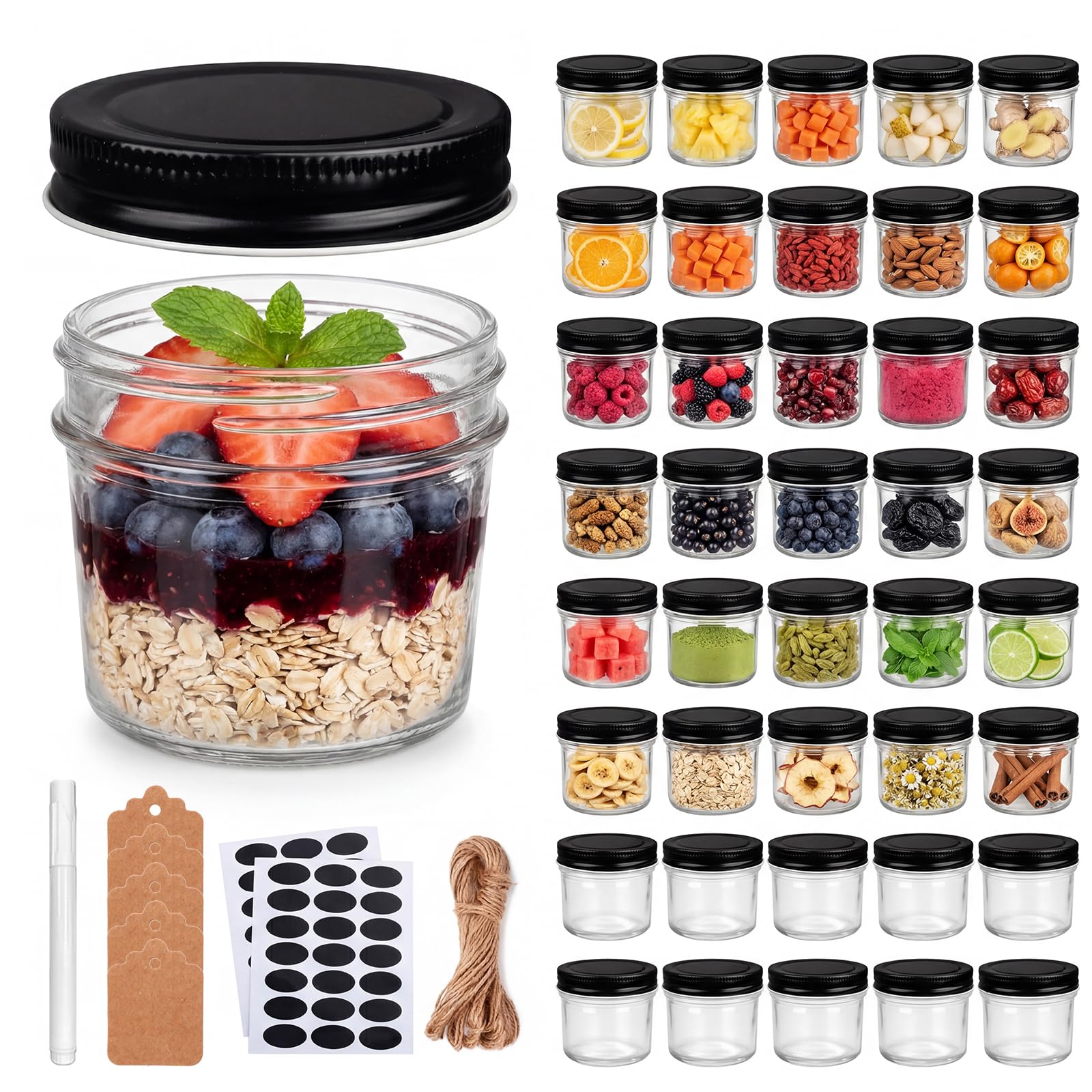 QAPPDA front packaging showing 40 mini mason jars and black lids for organized storage