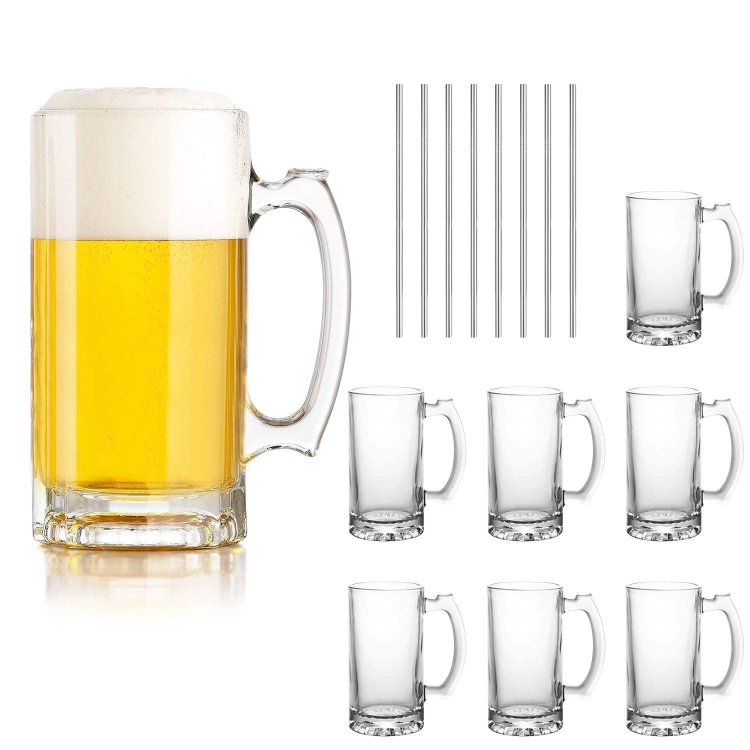 QAPPDA eight-pack front packaging showing clear glass set and bonus straws, durable look