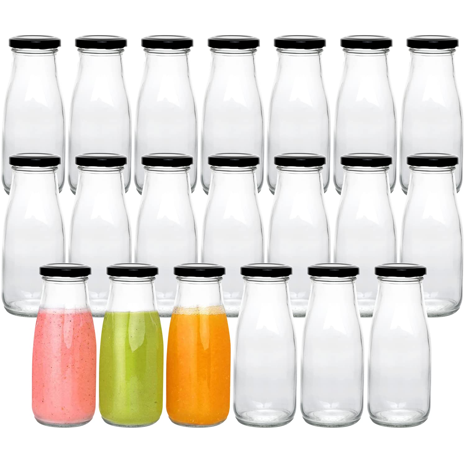 QAPPDA front view of 20-bottle set showing vintage clear glass and black lids for uniform storage