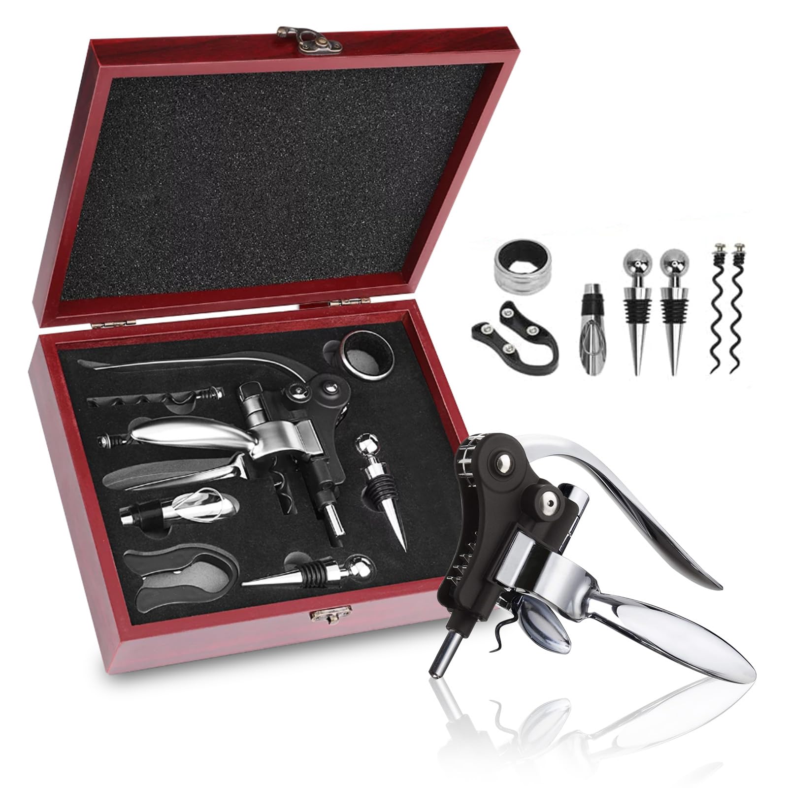 Qdreclod wooden case open displaying full 8-piece set, ideal gift presentation