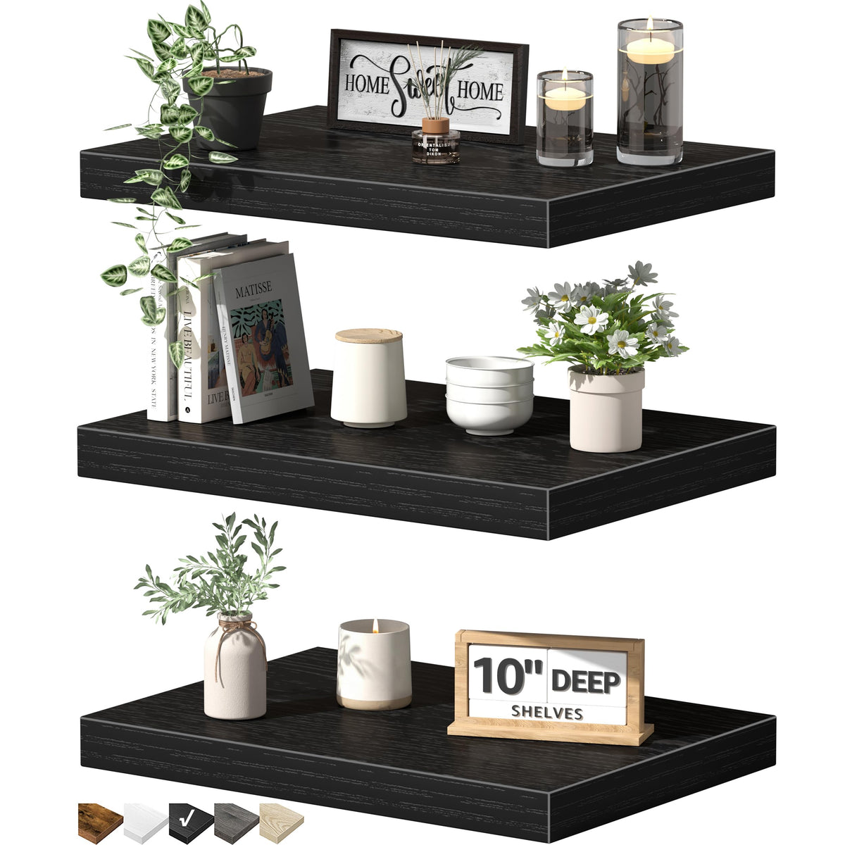 QEEIG front view of three black floating shelves showing clean lines and storage