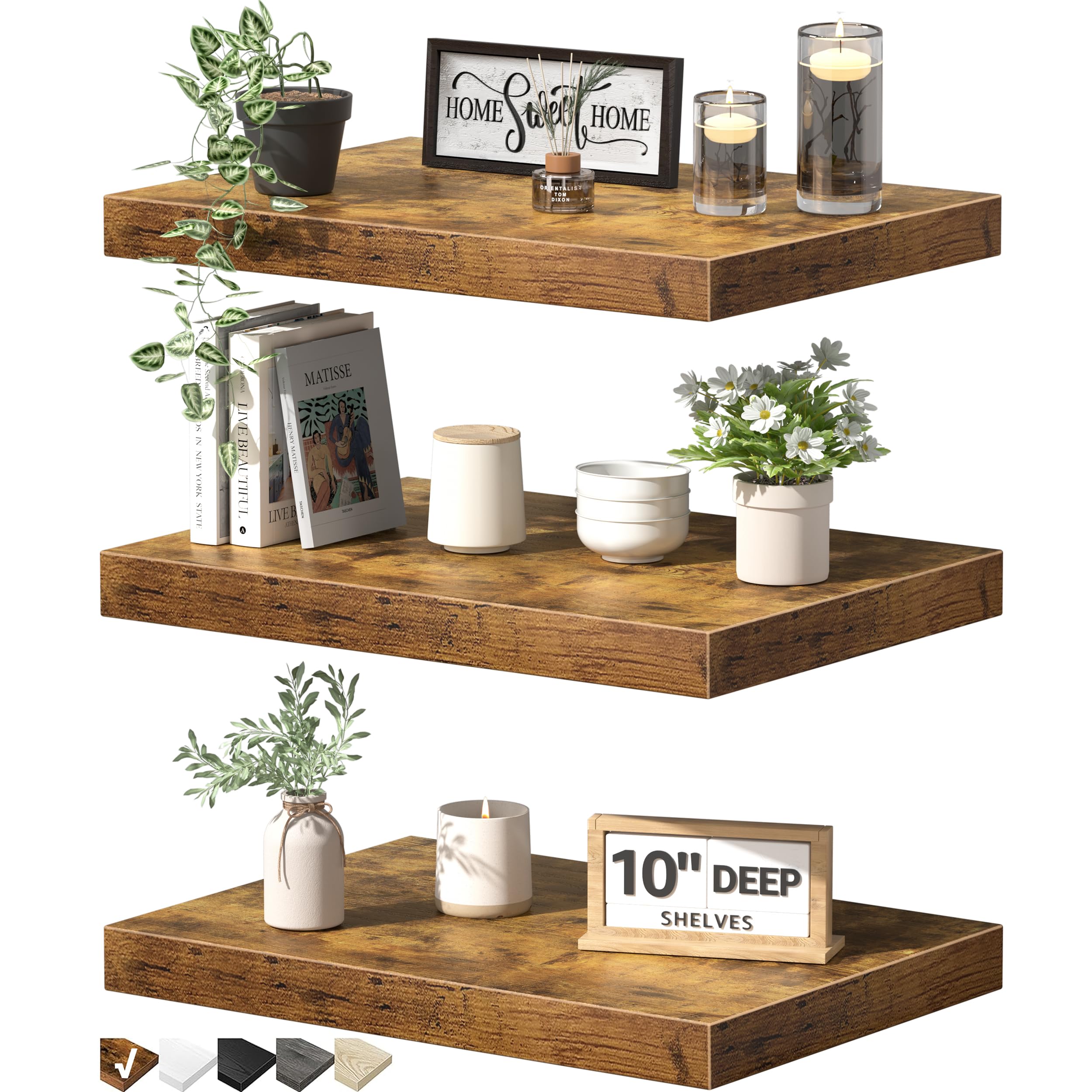 QEEIG front view of brown floating shelf set showing neat storage benefit