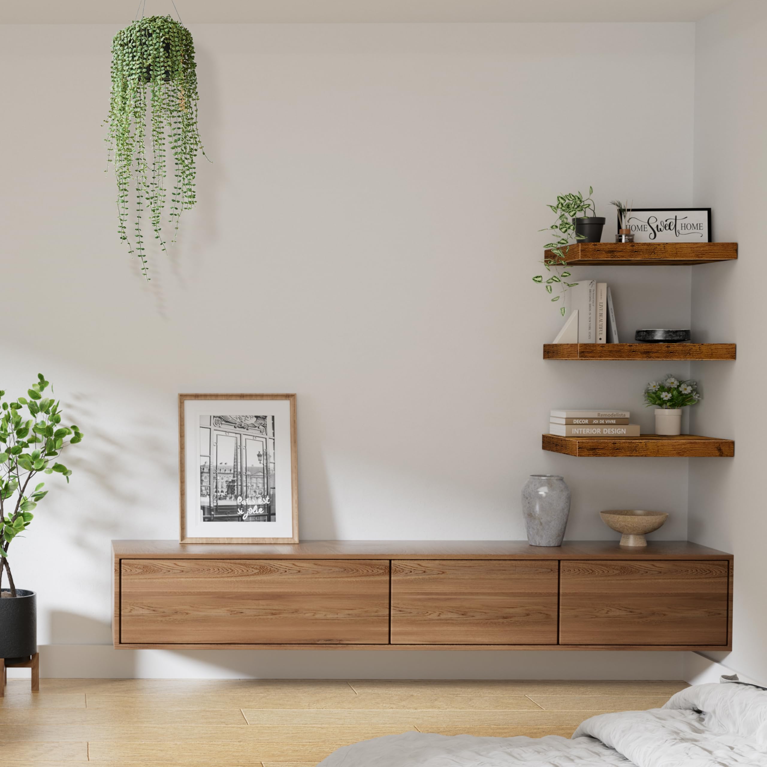 QEEIG shelf styled with decor showing farmhouse aesthetic benefit