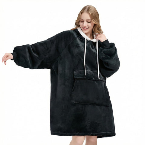 Qeils front view of Carbon Black hoodie showing oversized fit and cozy look