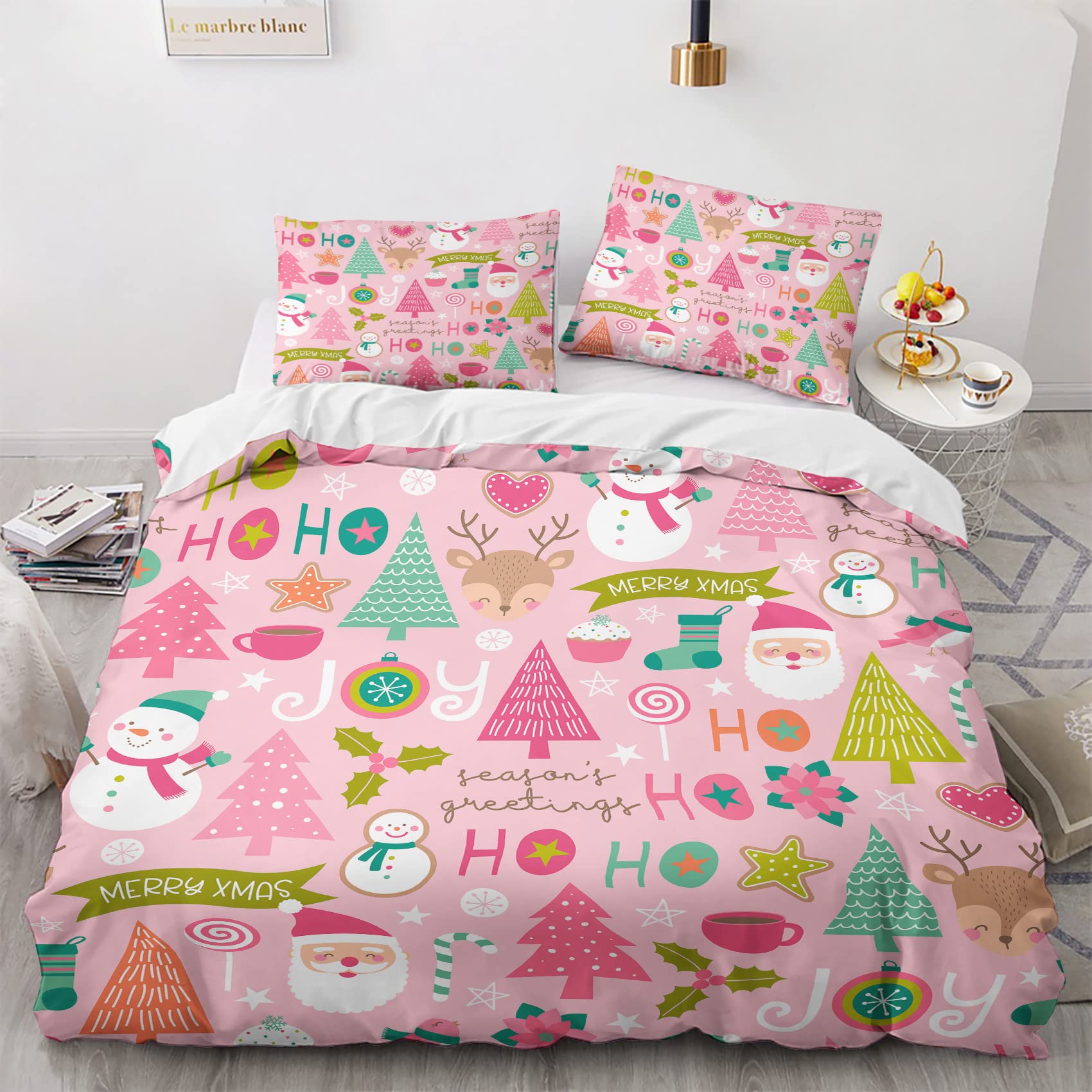 QEODAH pink duvet cover front view showing cheerful Santa design and cozy look