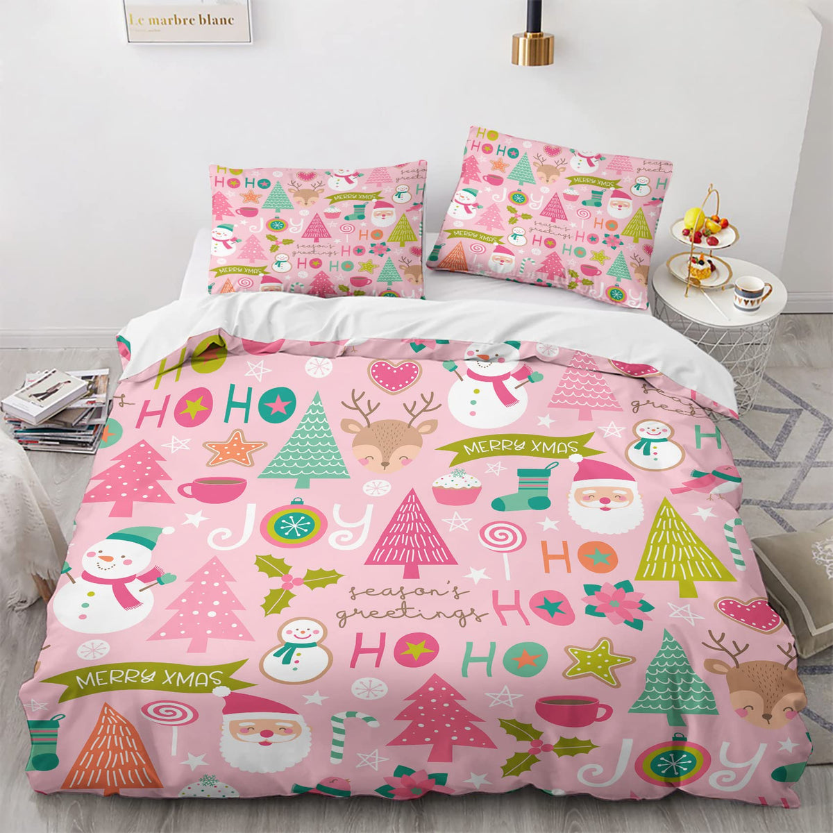 QEODAH pink duvet cover front view showing cheerful Santa design and cozy look