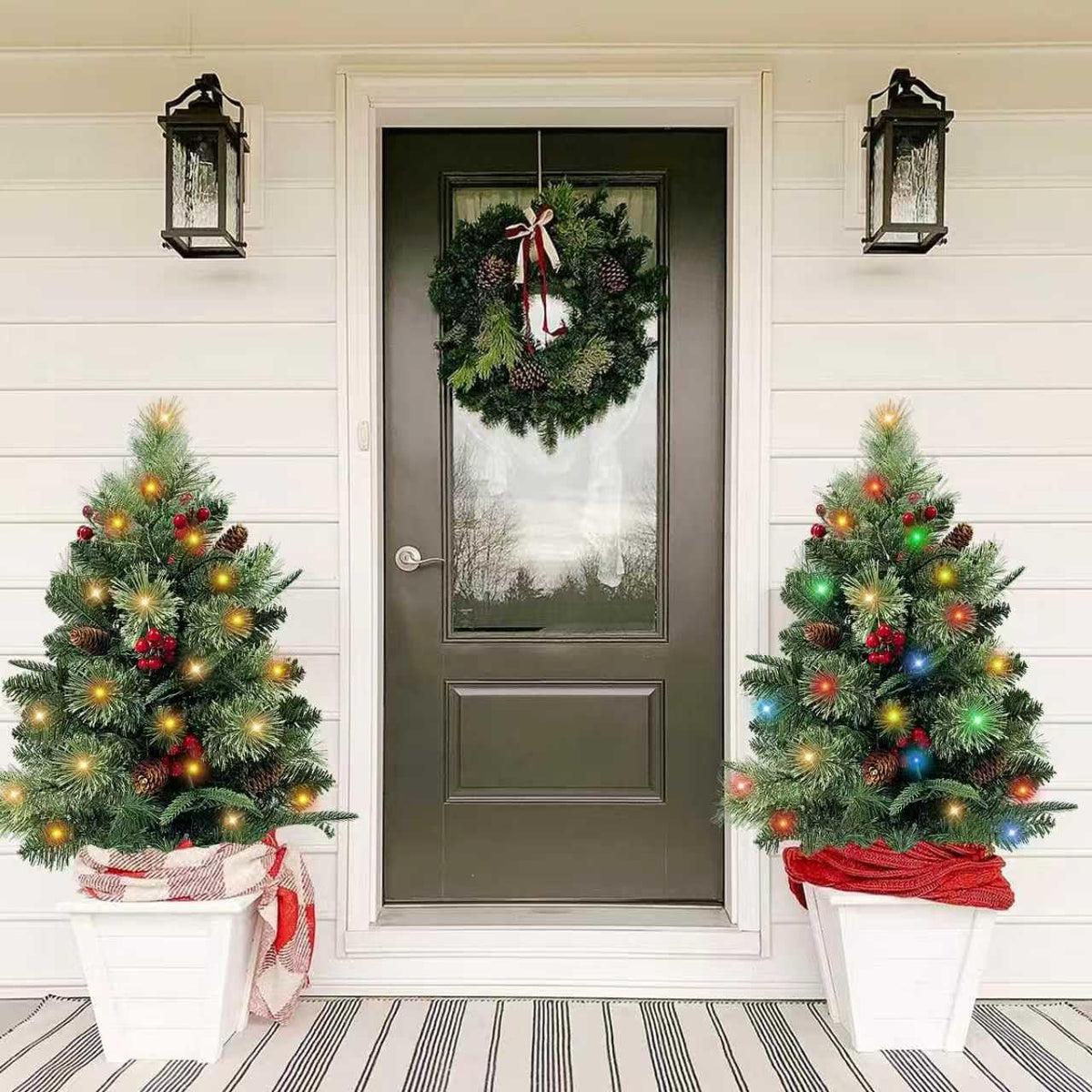 QIANF front view of both trees showing festive entryway curb appeal