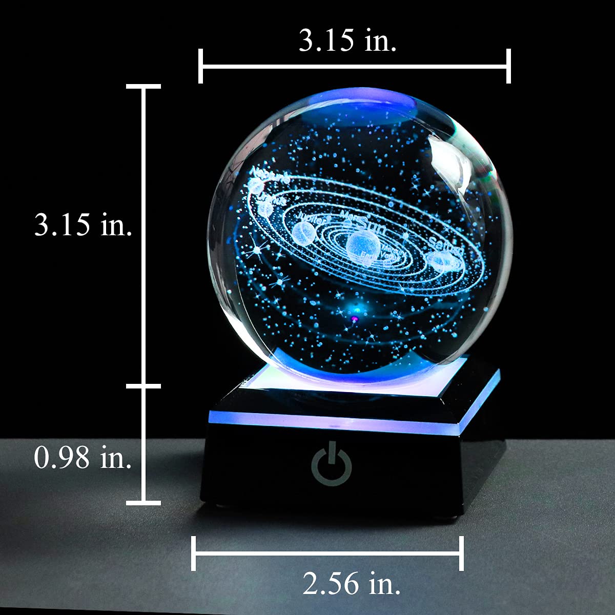 Close-up of Qianwei crystal ball engraving showing precise 3D laser planets for clarity