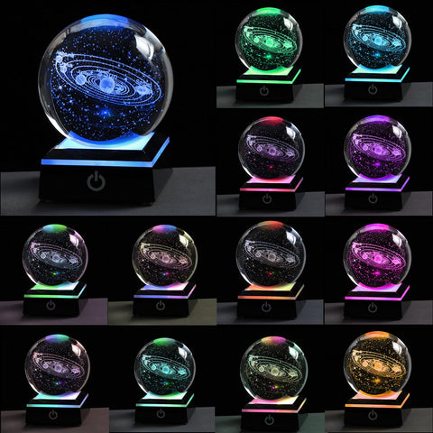 Qianwei crystal ball on LED base lit in vibrant colors to highlight internal engraving