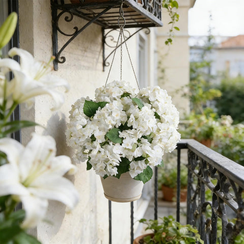 QIANYUN hydrangea beside chair showing scale and space-saving decorative benefit
