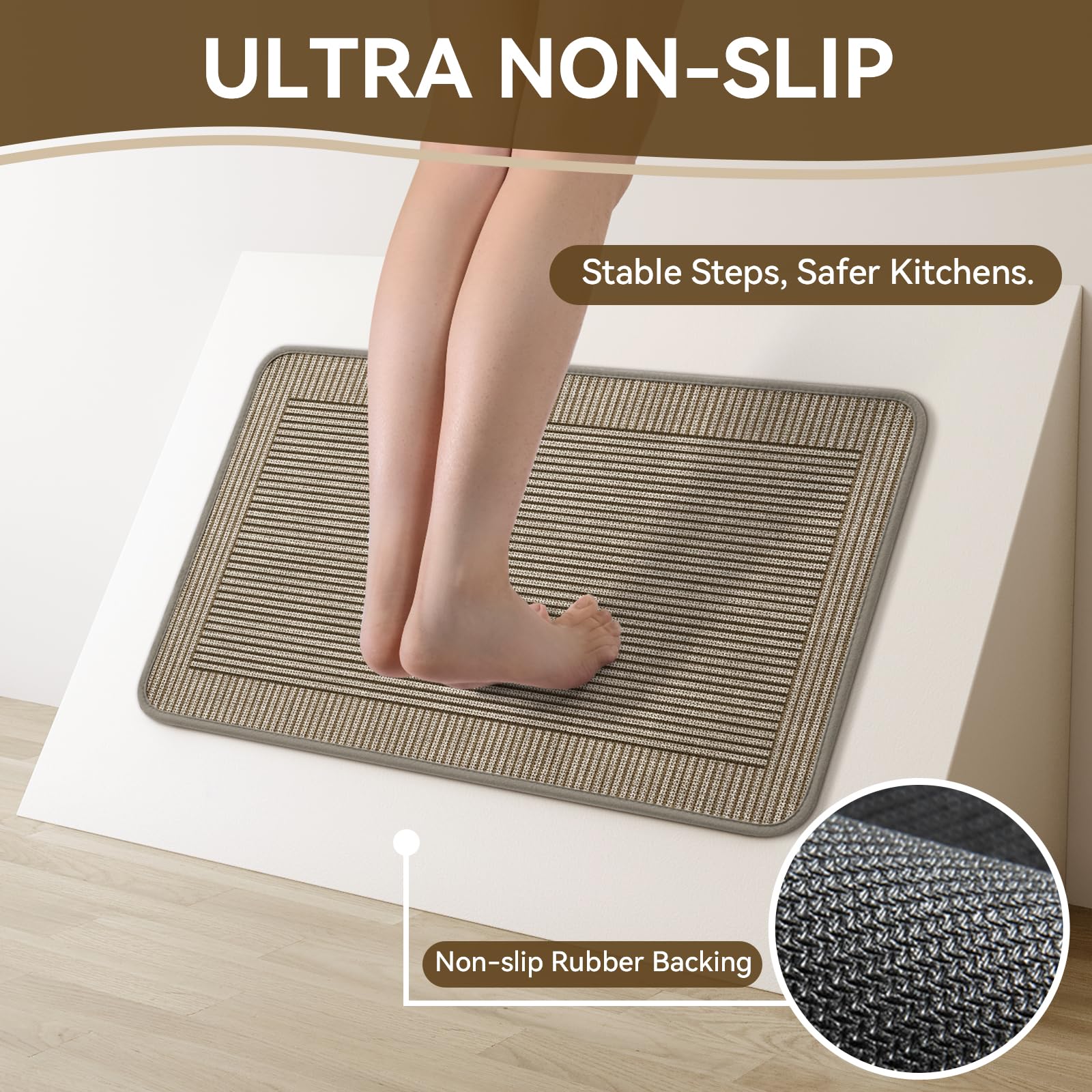 QiCaiJia rubber backing detail showing non-slip floor grip benefit