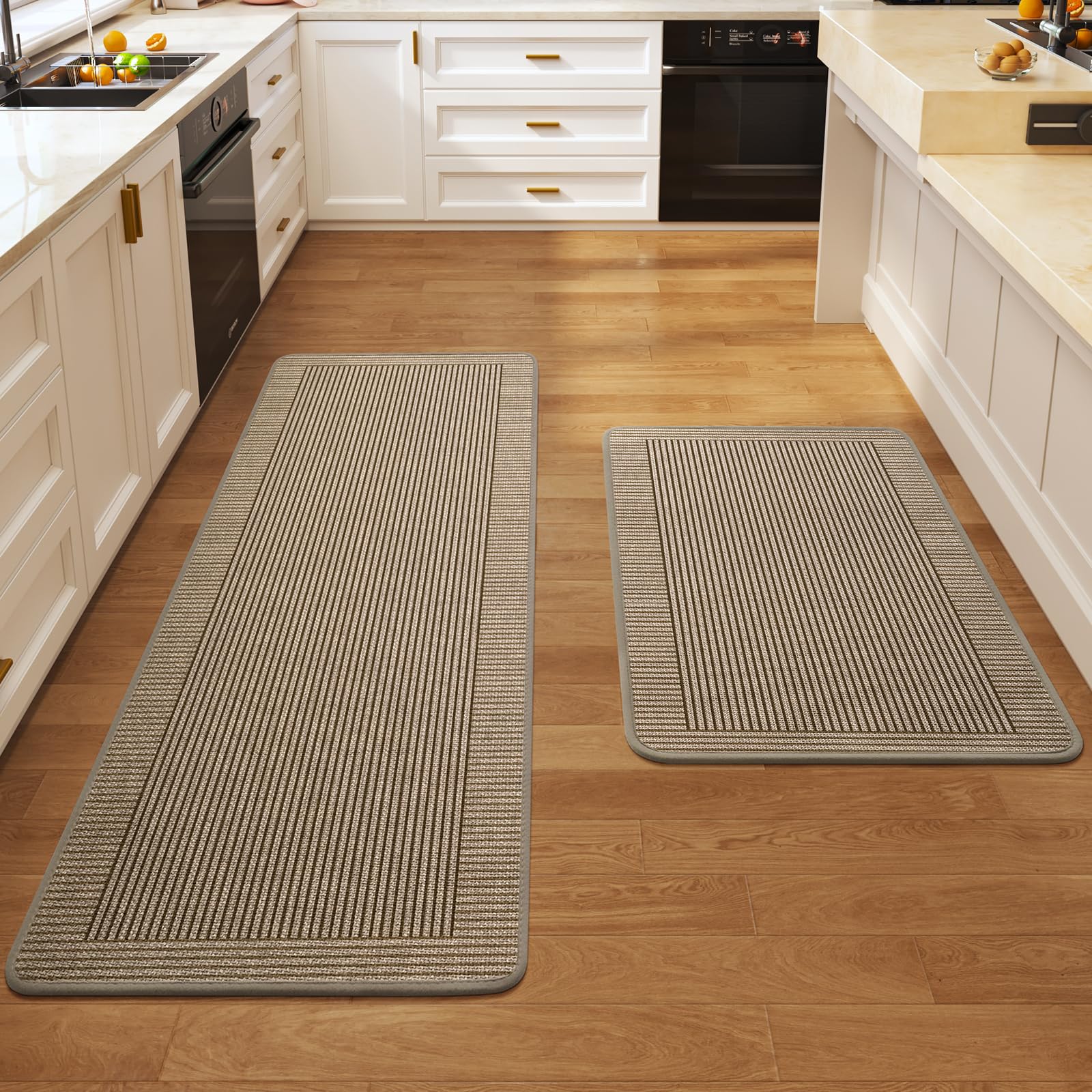 QiCaiJia front packaging showing both brown kitchen mats and their sizes