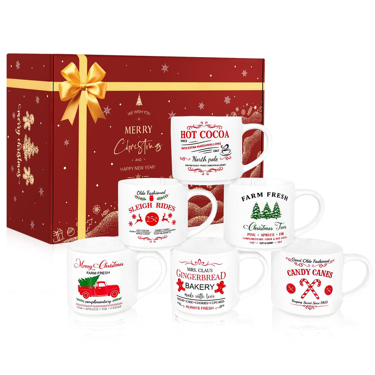 QIKSION front view of six holiday mugs showing festive patterns, enhances seasonal table settings