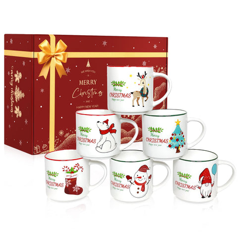 QIKSION front view of six festive mugs set, great for gifting