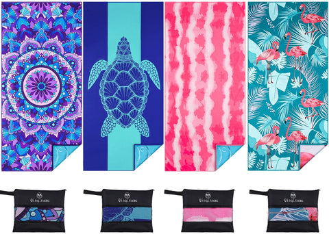 Qinqinamu front view of folded towel pack showing vibrant prints and portability