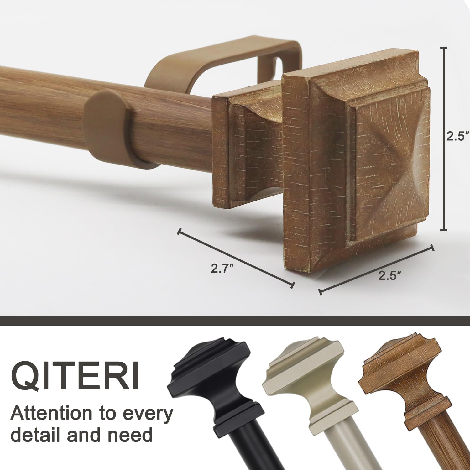 QITERI close-up of hand-painted resin finial highlighting natural wood detail