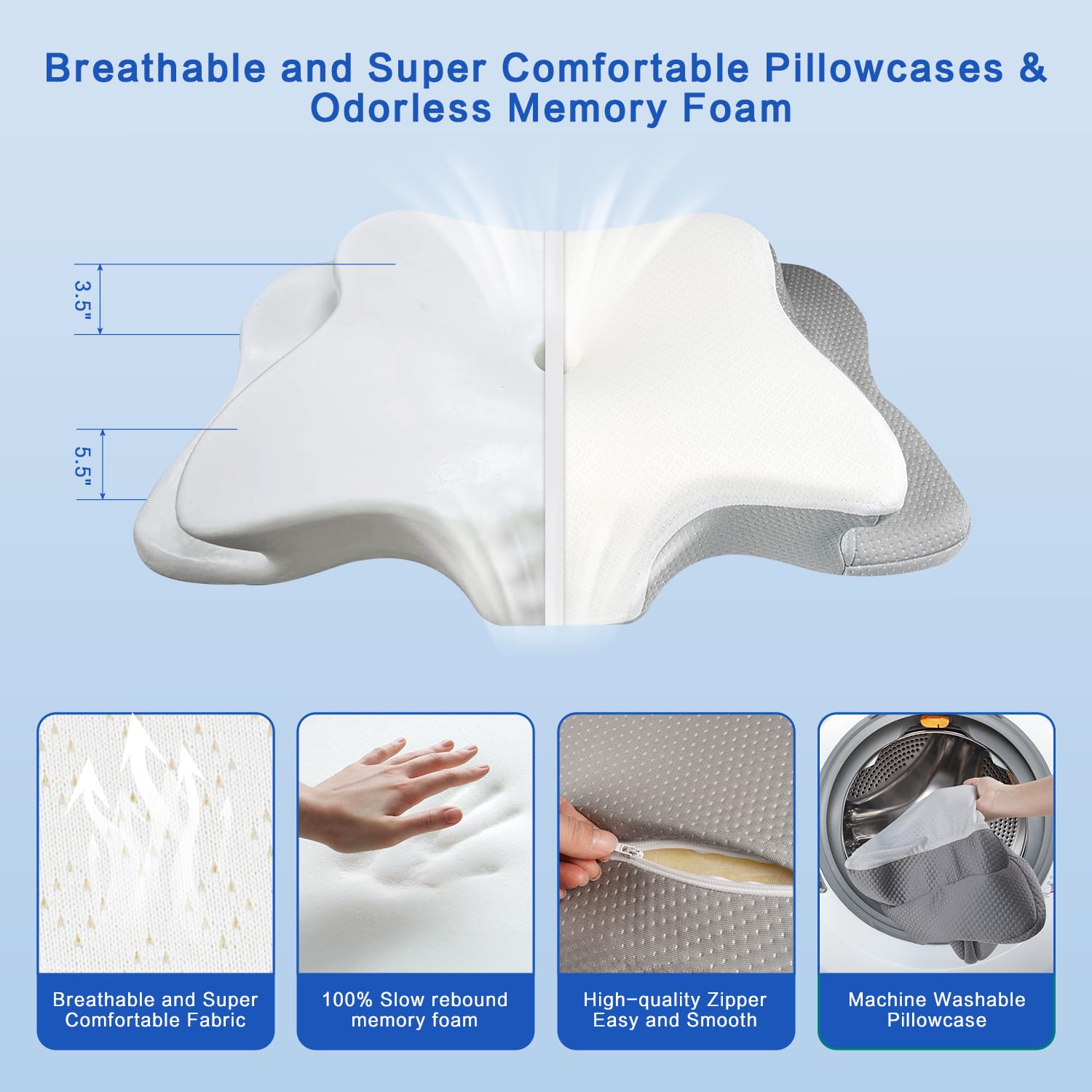 QIUBABYO pillow next to hand showing scale and easy handling advantage