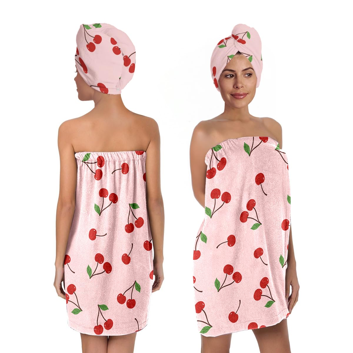 QIULIBMH cherry towel wrap front view showing cute design and comfy fit
