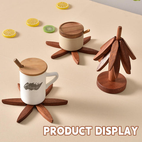 QIYLQE stand holding four trivets upright, saves drawer and counter space