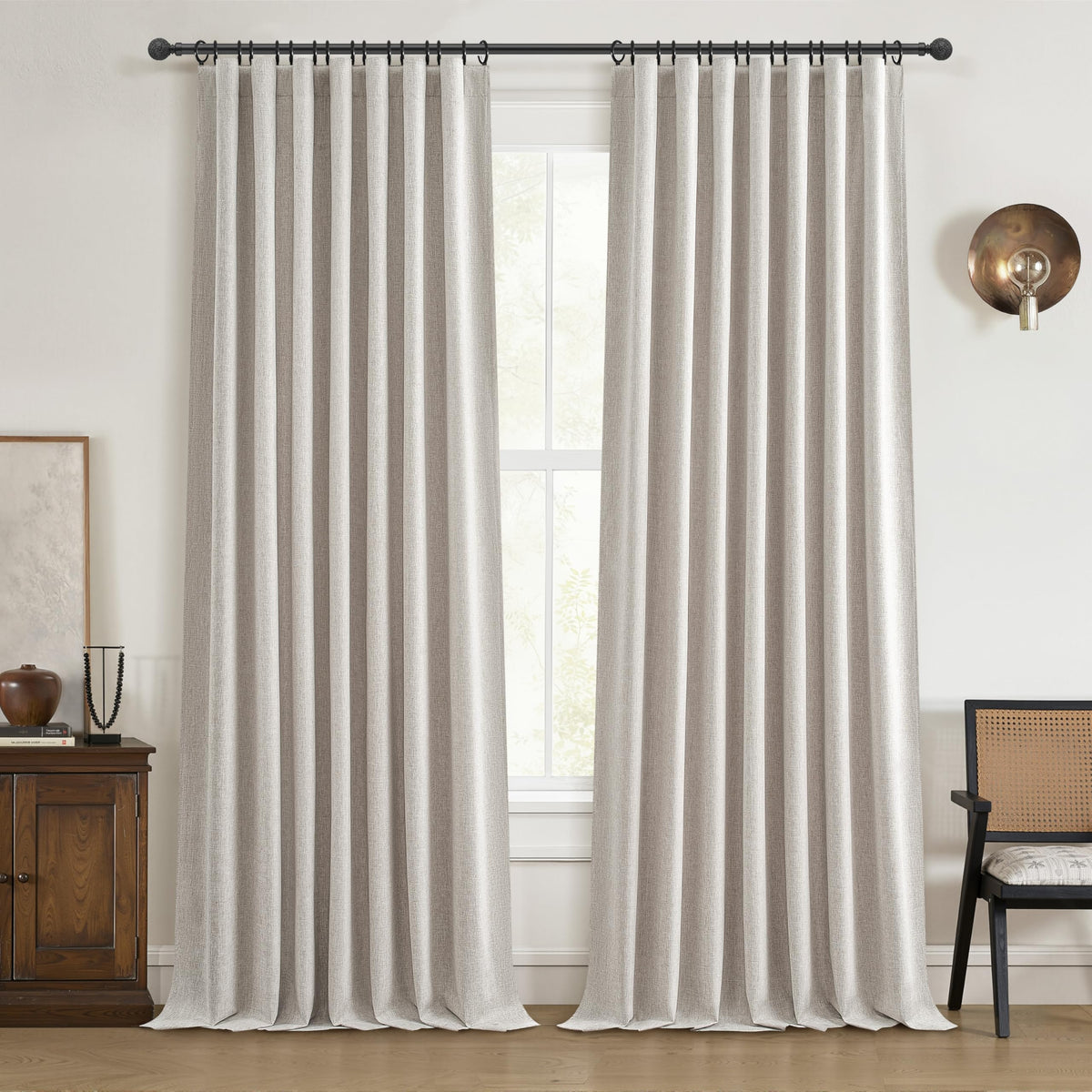 QJmydeco front view of birch off white panels showing neat pleats and benefit of full coverage