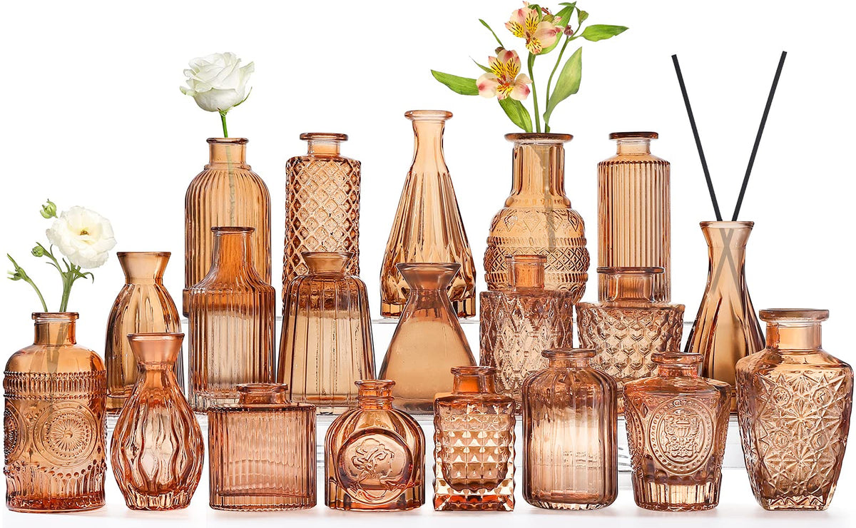 QLOFEI front view of boxed set showing 20 amber vases and durable packaging