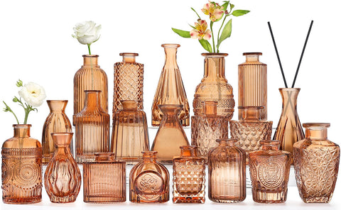 QLOFEI front view of boxed set showing 20 amber vases and durable packaging