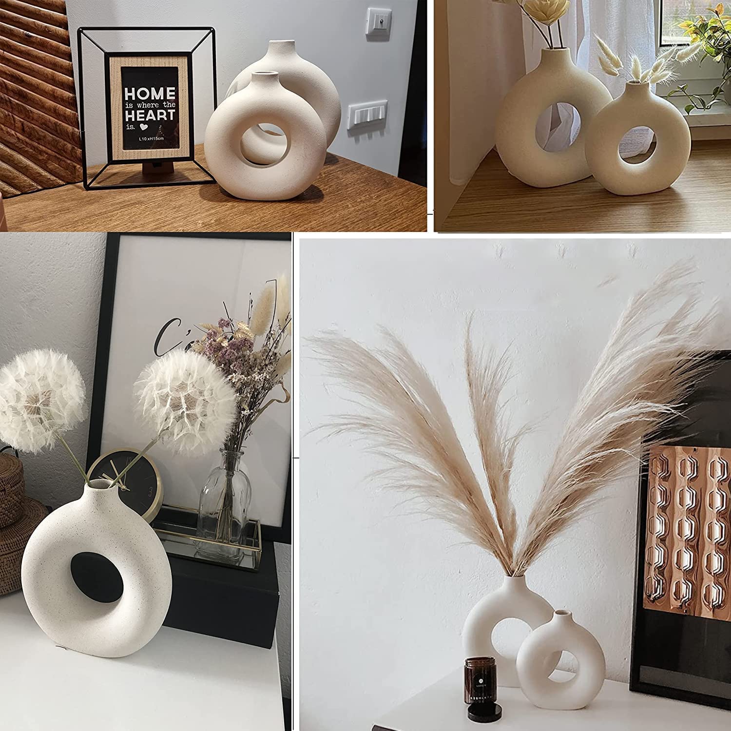 QLOFEI pair styled with pampas grass creating airy boho focal point