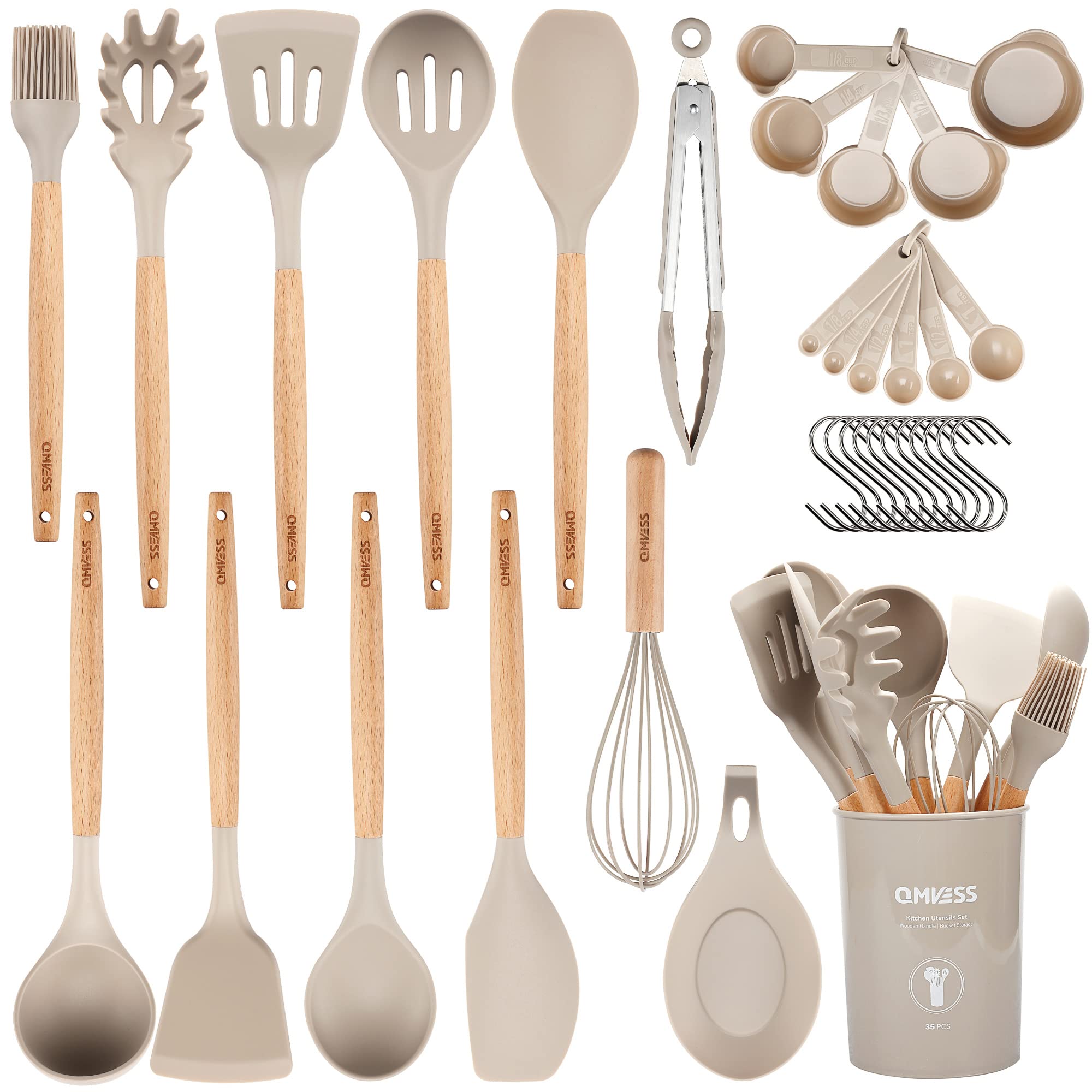 QMVESS complete 35-piece set laid out neatly showing cookware benefits