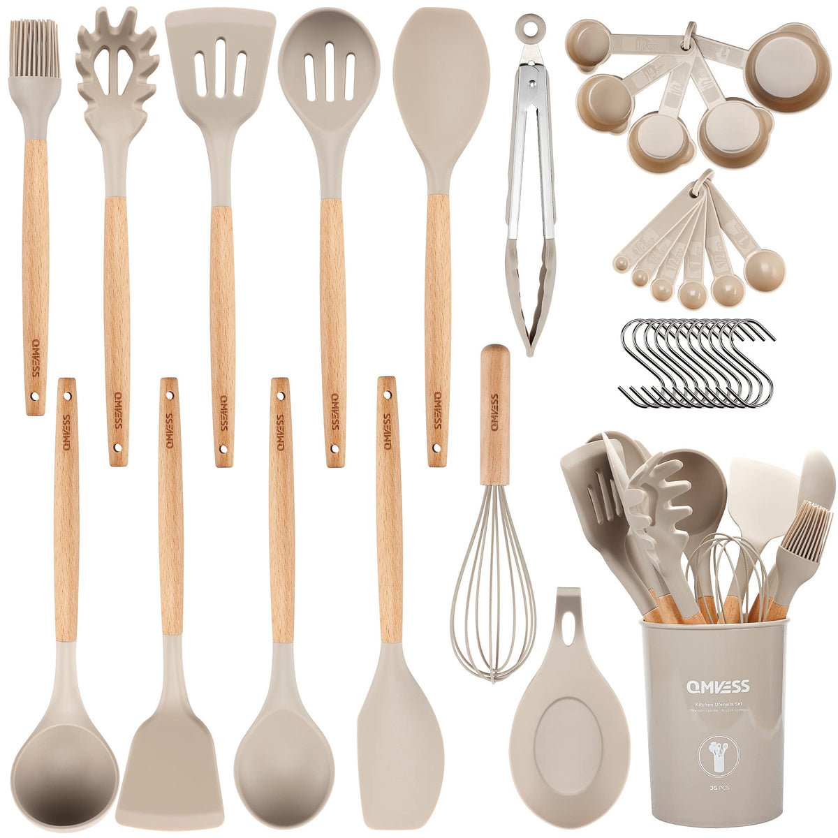 QMVESS complete 35-piece set laid out neatly showing cookware benefits