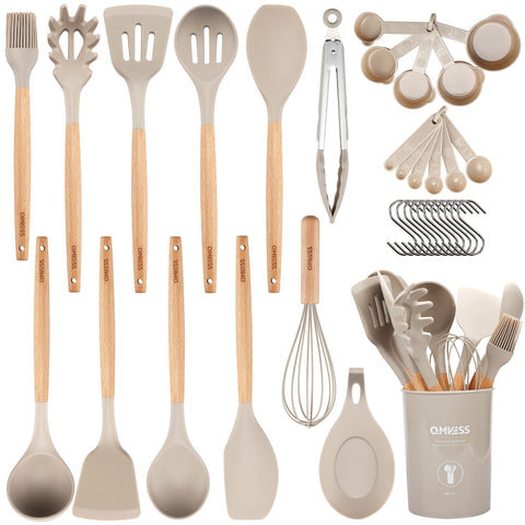 QMVESS complete 35-piece set laid out neatly showing cookware benefits