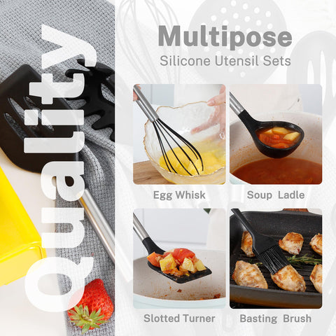 QMVESS stirring a saucepan with silicone spatula indicating heat resistance and safety