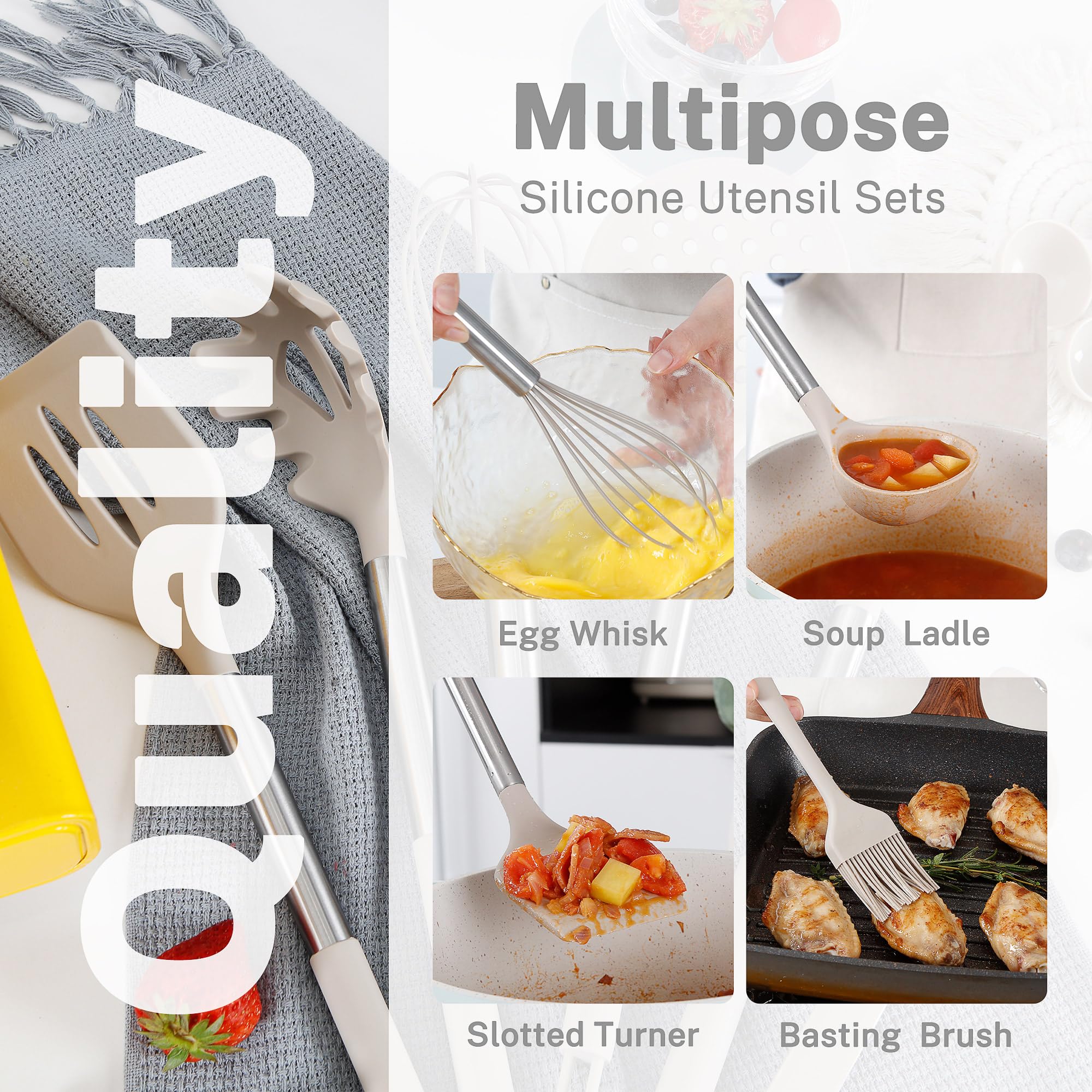 QMVESS utensils in use stirring a skillet, heat resistant safe cooking benefit