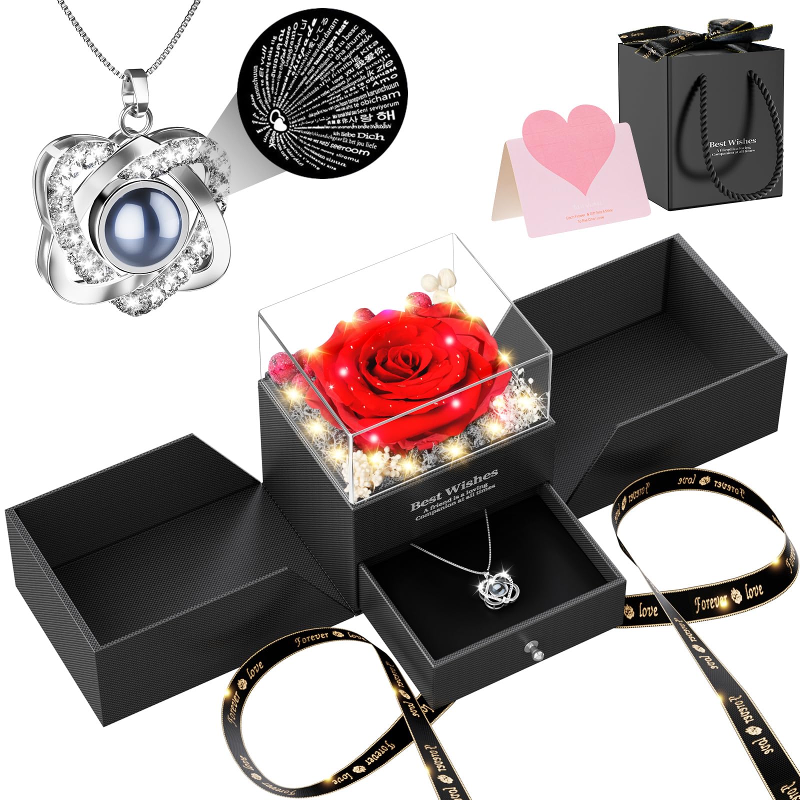 Qnxoat preserved red rose necklace front view showing elegant presentation and lasting beauty