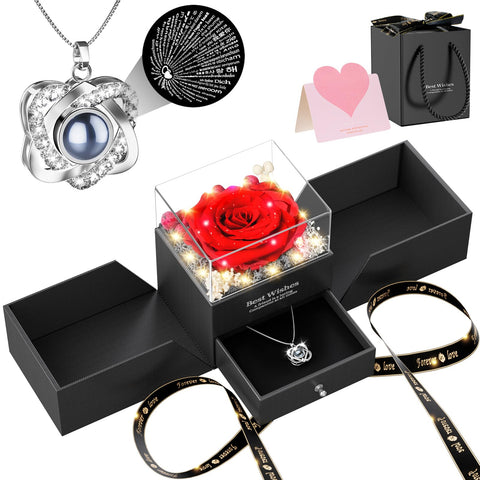 Qnxoat preserved red rose necklace front view showing elegant presentation and lasting beauty