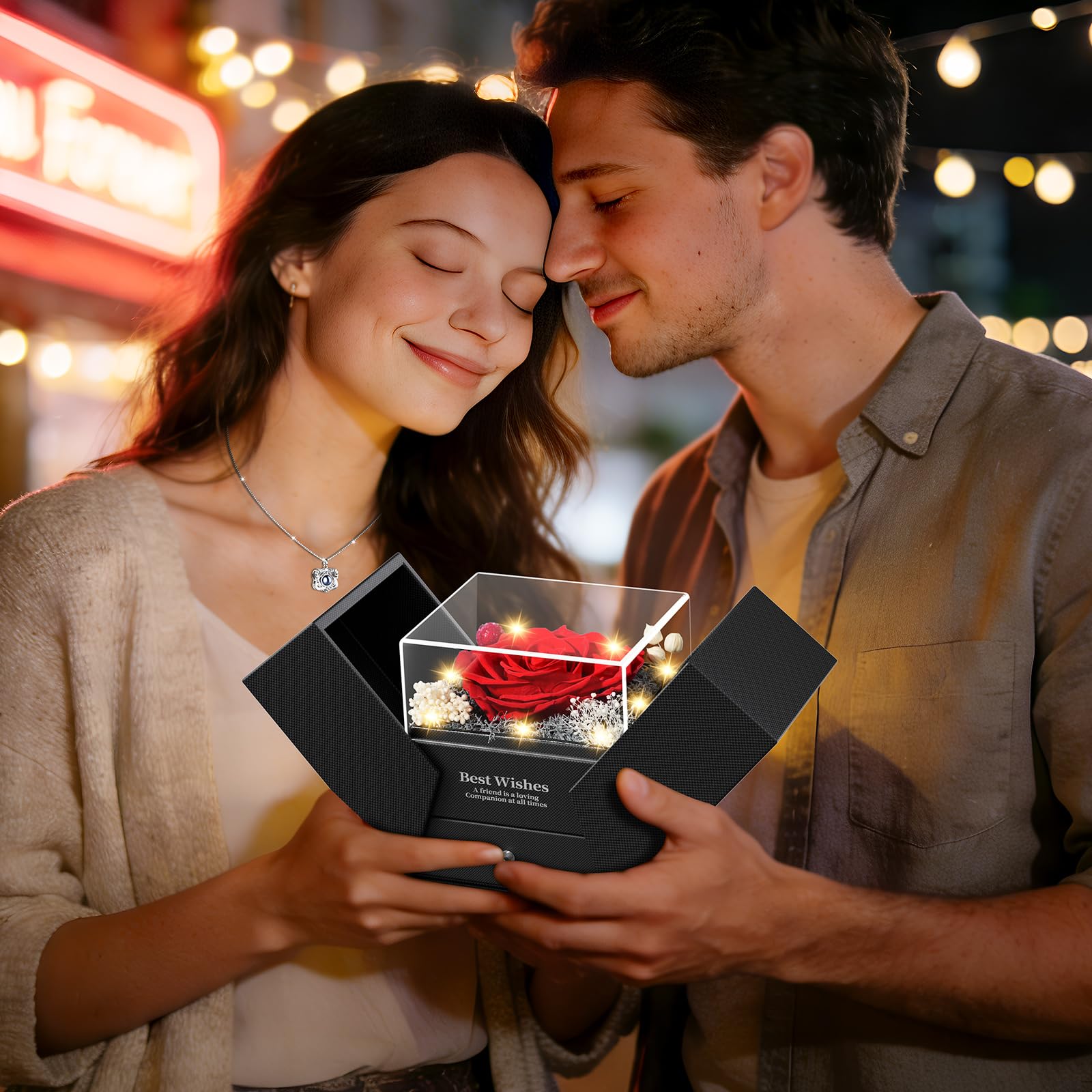 Qnxoat romantic lifestyle setting showing the necklace as a memorable celebration gift