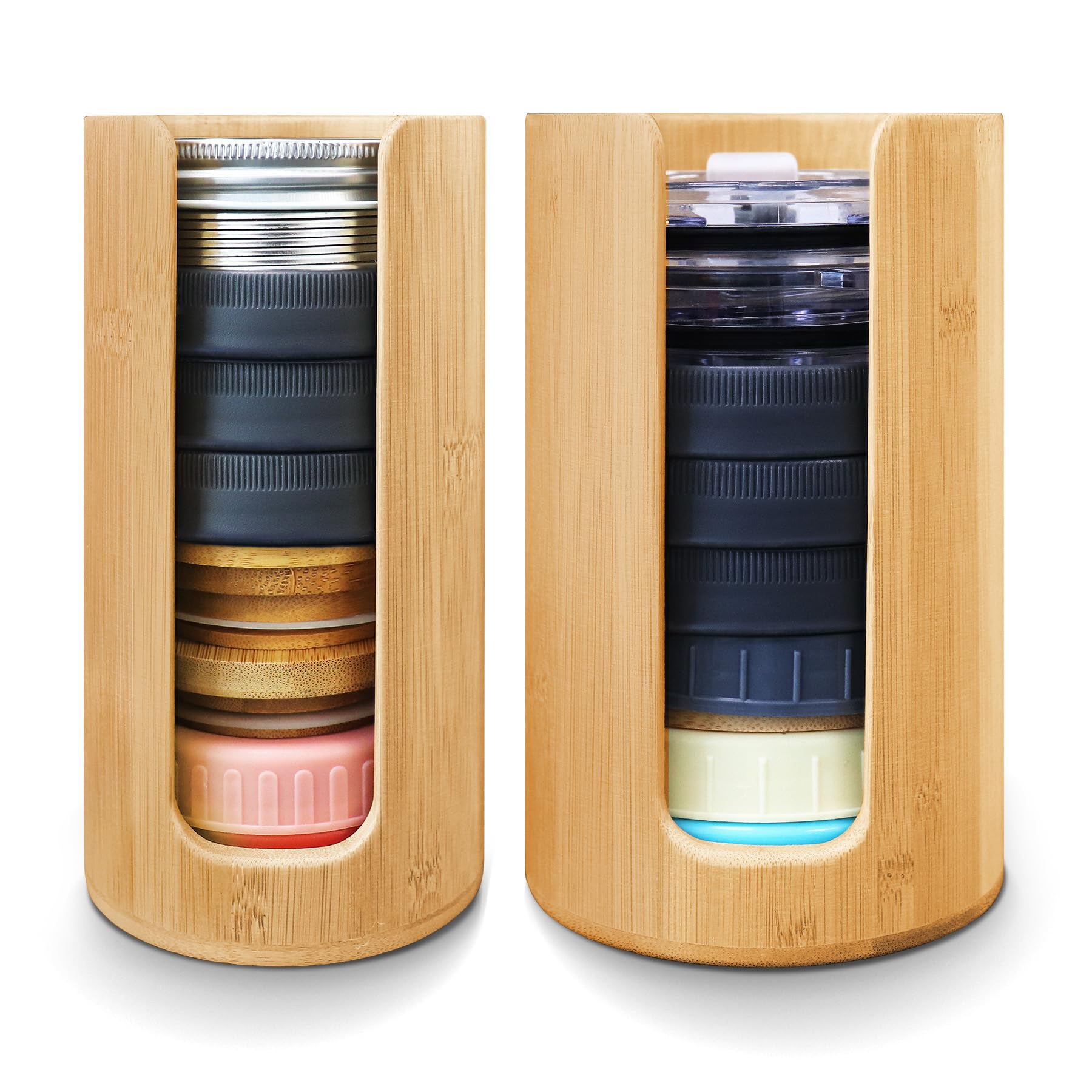 QOOMABA front view of bamboo lid boxes showing tidy storage and warm finish