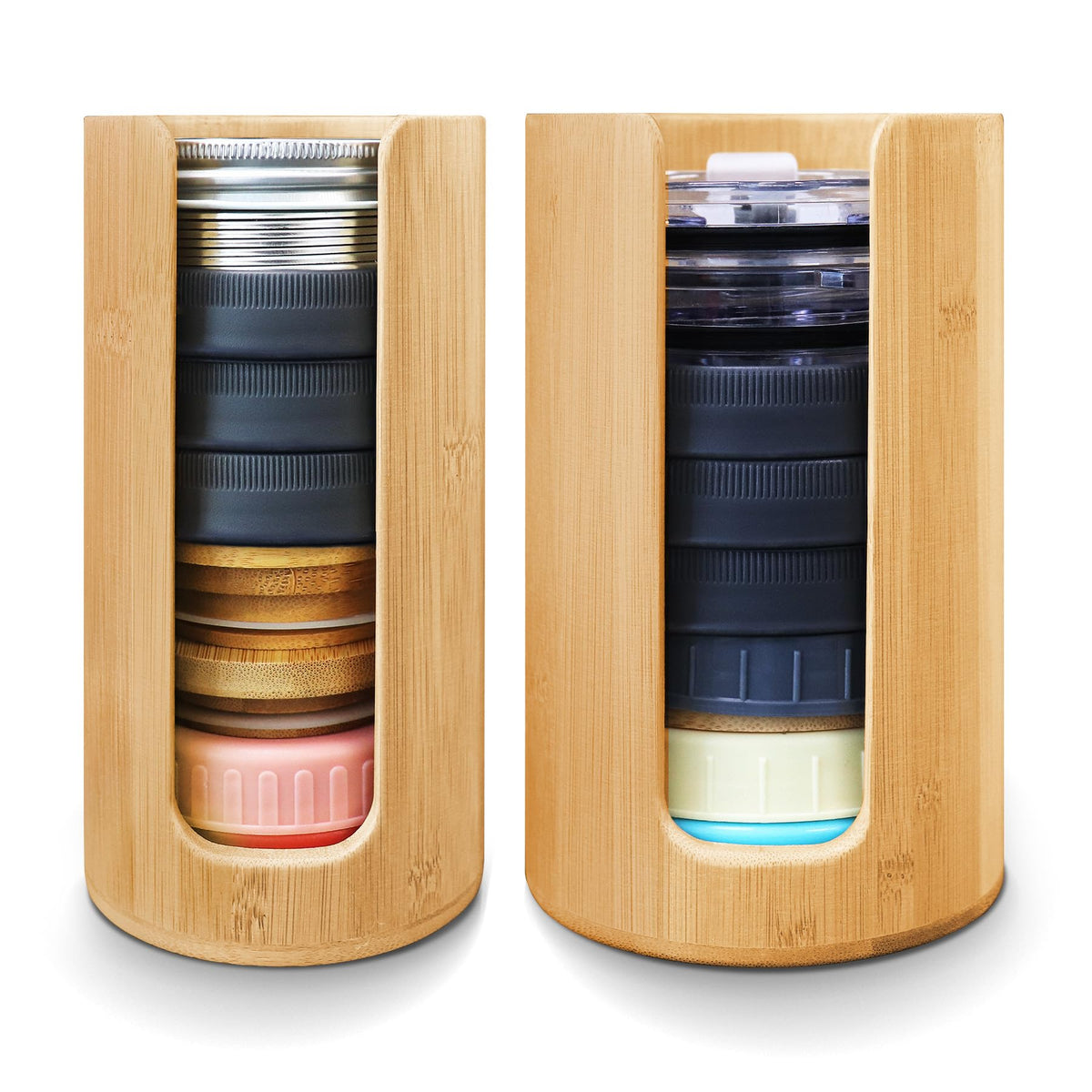 QOOMABA front view of bamboo lid boxes showing tidy storage and warm finish