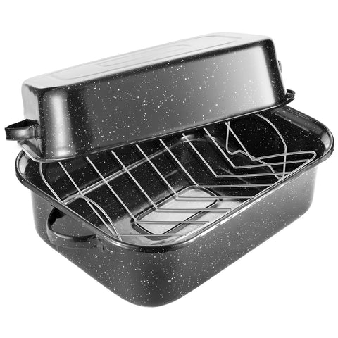 QPMR front view of large roasting pan showing spacious cavity and lid, ideal for big birds