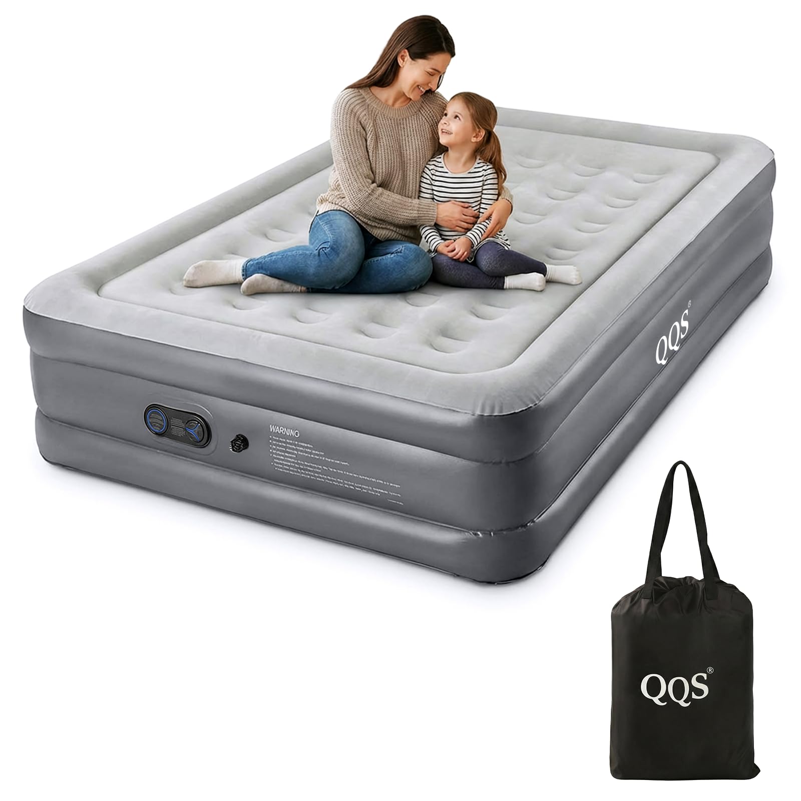 QQS queen air mattress front view showing elevated profile and quick setup benefit