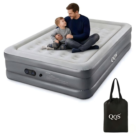 QQS twin air mattress front view showing plush top and zipper storage pocket for convenience